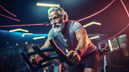 Senior man cycling intensely in a modern gym