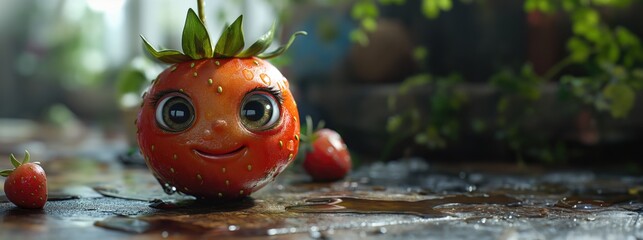 Cute happy strawberry character. Created with generative AI.