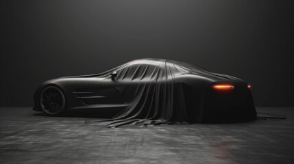Presentation of the car covered with a black cloth. Created with Generative AI.