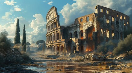 The End of the World Apocalyptic, destroyed Rome, epic scene. Created with Generative AI. - obrazy, fototapety, plakaty