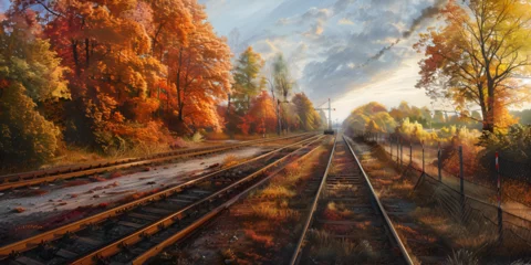 Foto auf Alu-Dibond Autumn summer falls Train tracks running through trees in fall color Steel Rails Fall Railroad tracks in a forest landscape © Muhammad