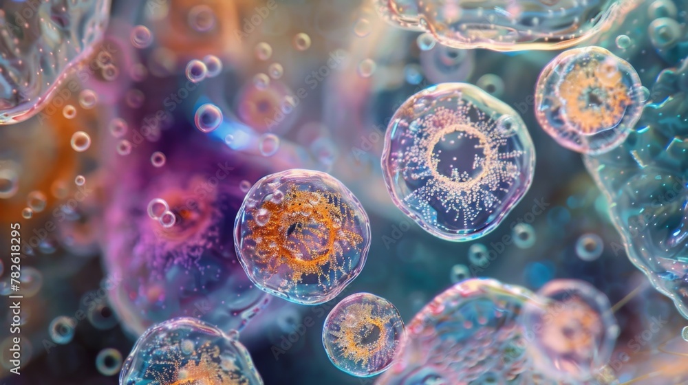 Poster a closeup view of a group of protozoa showcasing their intricate internal structures. the cells are 