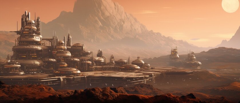 a city on Mars with olympus mons in the background