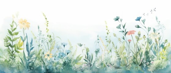 a garden with green plants and flowers high quality watercolor faceless light blue background