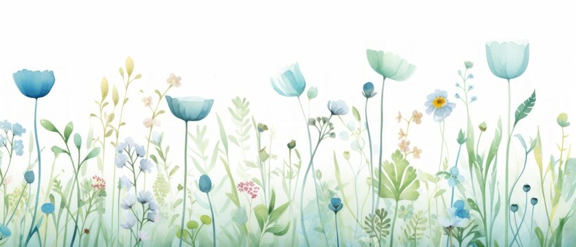 Fototapeta a garden with green plants and flowers high quality watercolor faceless light blue background