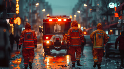 Obraz premium Team of EMS Paramedics React Quick to Provide Medical Help to Injured Patient and Get Him in Ambulance on a Stretcher. Emergency Care Assistants Arrived on the Scene of a Traffic Accident