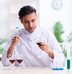 Male chemist examining wine samples at lab - 782620479