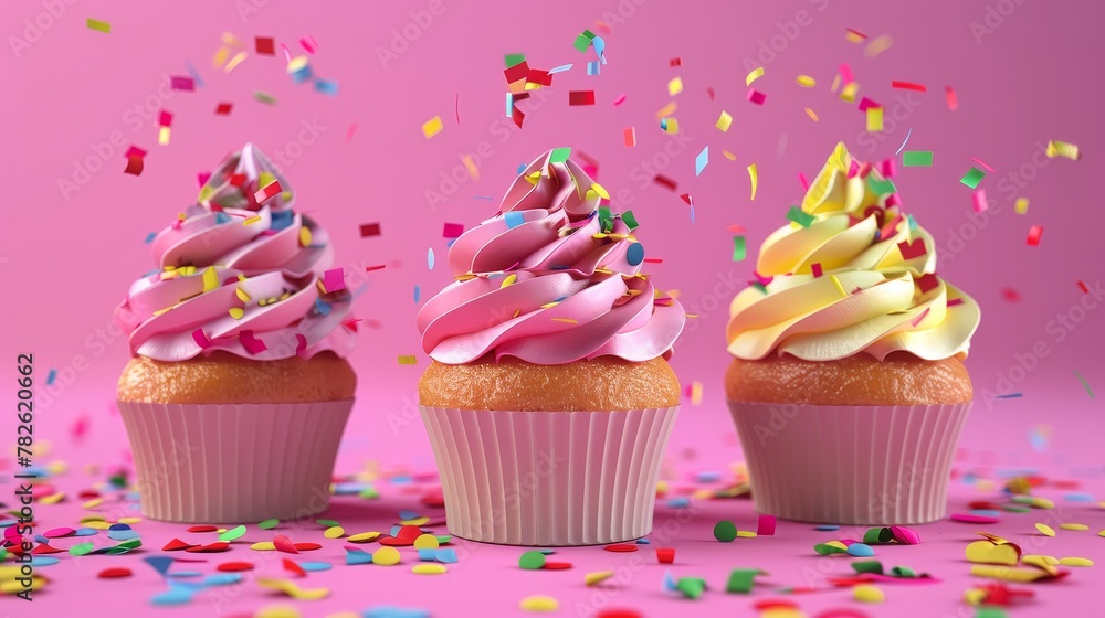 Poster birthday cupcakes with vibrant frosting 3d style isolated flying objects memphis style 3d render ai 