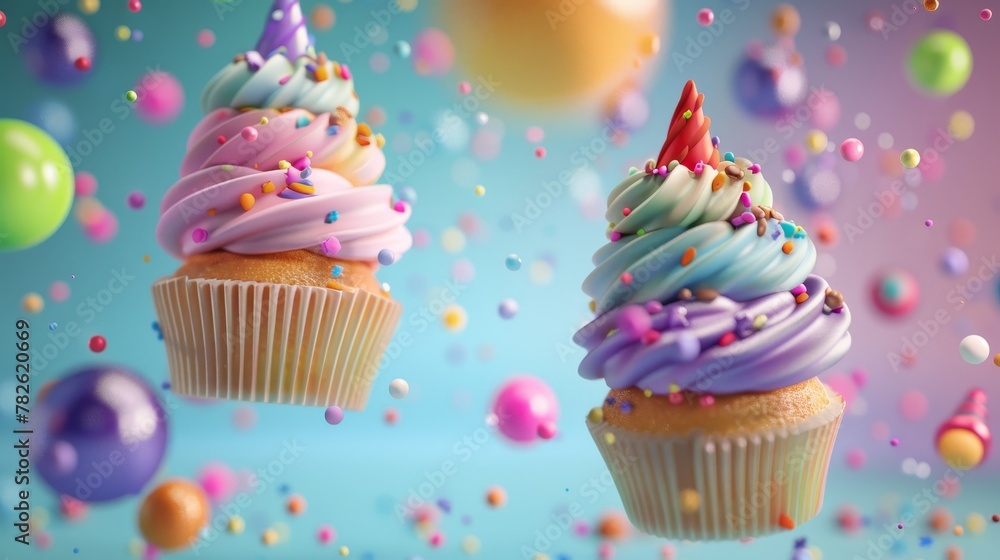 Poster birthday cupcakes with vibrant frosting 3d style isolated flying objects memphis style 3d render ai 