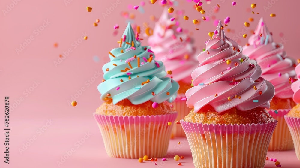 Poster birthday cupcakes with vibrant frosting 3d style isolated flying objects memphis style 3d render ai 