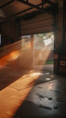 Beautiful sunlight streaming through a car garage door   AI generated illustration