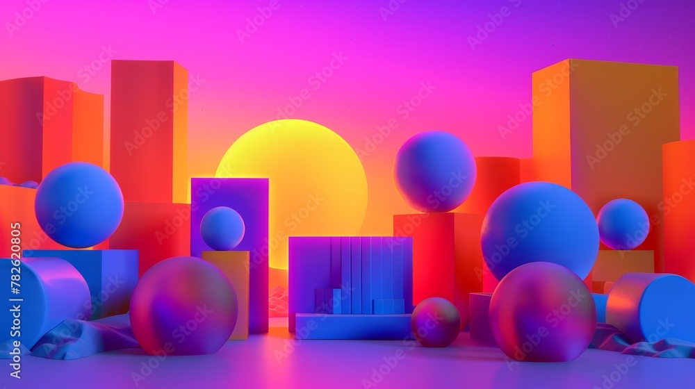 Poster Bold colors blending on a neon-infused canvas 3D style isolated flying objects memphis style 3D render   AI generated illustration