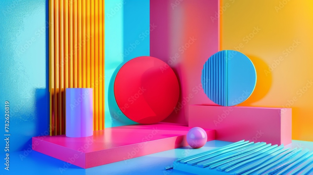 Poster bold colors juxtaposed on a neon canvas 3d style isolated flying objects memphis style 3d render ai 