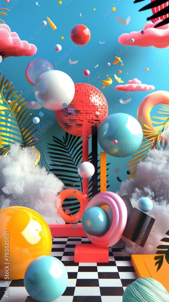 Poster bold and vibrant 3d shapes in a digital landscape 3d style isolated flying objects memphis style 3d 