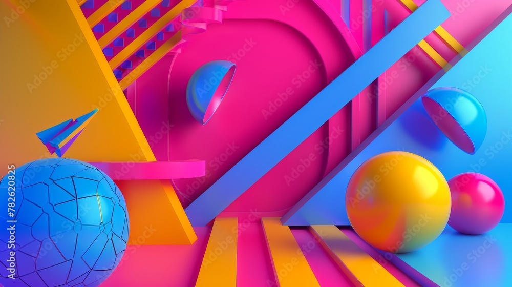 Aufkleber bold colors juxtaposed on a neon canvas 3d style isolated flying objects memphis style 3d render ai 