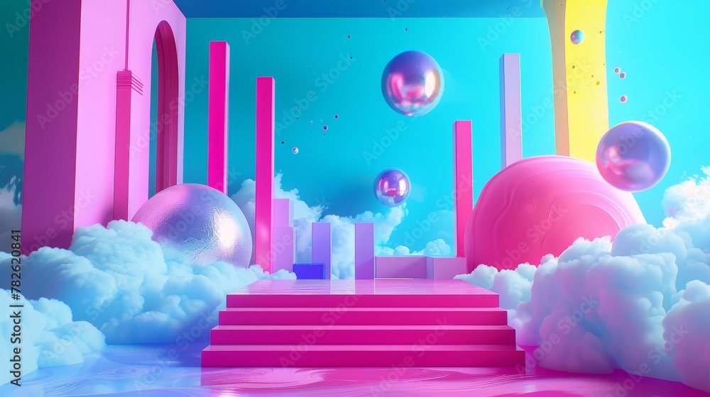 Aufkleber bold colors blending on a neon-infused canvas 3d style isolated flying objects memphis style 3d rend