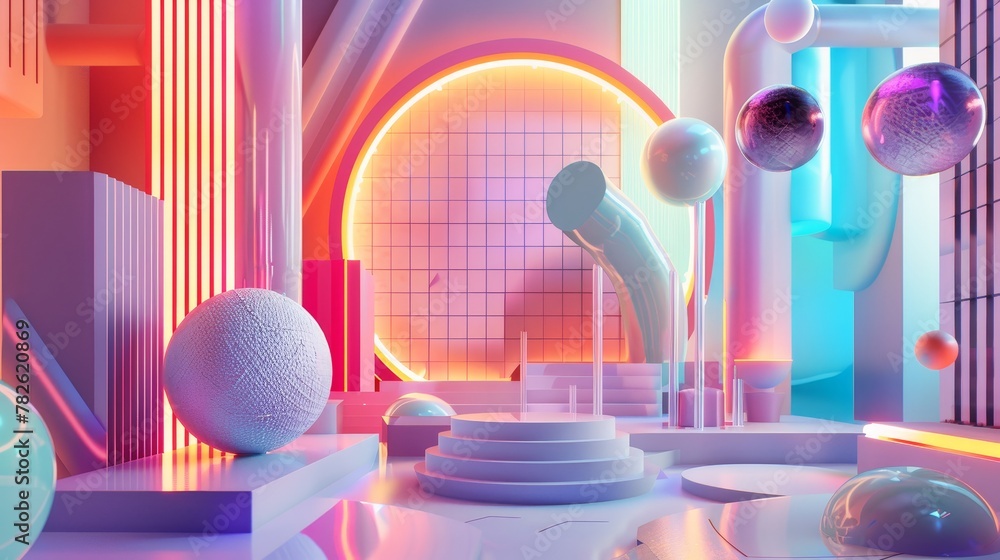 Poster bright and colorful 3d objects in a futuristic setting 3d style isolated flying objects memphis styl