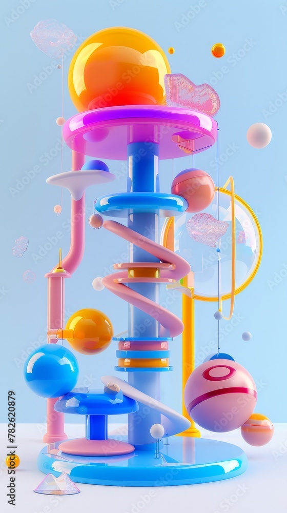 Poster Bright and colorful 3D objects in a futuristic setting 3D style isolated flying objects memphis style 3D render   AI generated illustration