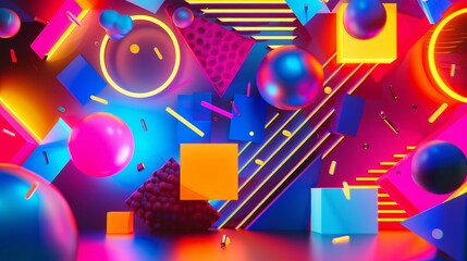 Bold colors blending on a neon-infused canvas 3D style isolated flying objects memphis style 3D render   AI generated illustration