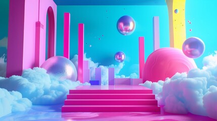 Bold colors blending on a neon-infused canvas 3D style isolated flying objects memphis style 3D render   AI generated illustration