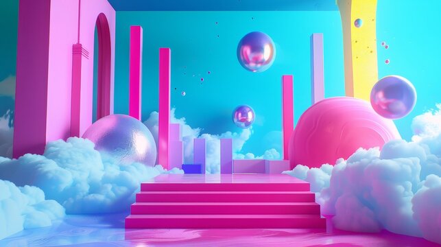 Bold colors blending on a neon-infused canvas 3D style isolated flying objects memphis style 3D render   AI generated illustration