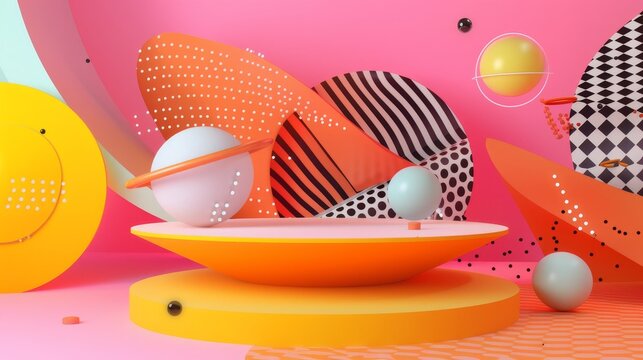 Bright and colorful 3D objects in a futuristic setting 3D style isolated flying objects memphis style 3D render   AI generated illustration