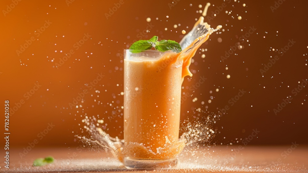 Poster capture the movement of a flying smoothie in mid-air with a blend of soft and harsh lighting ai gene