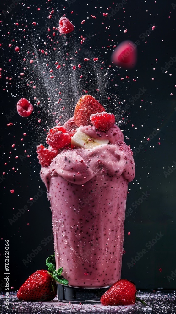 Poster capture the motion of a flying smoothie with a mix of directional and ambient light ai generated ill
