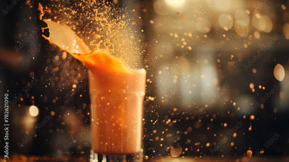 Poster capture the movement of a flying smoothie in mid-air with a blend of soft and harsh lighting ai gene