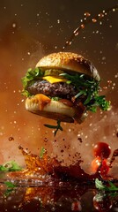 Capture the essence of a gourmet burger mid-air with a burst of golden light   AI generated illustration