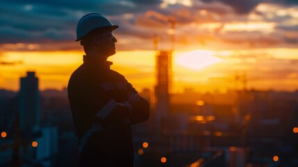 A silhouette of an architect standing against a city skyline arms crossed and head tilted as they mentally visualize the finished product of their current construction project. .
