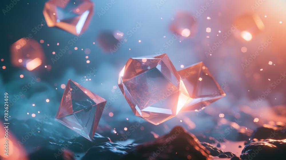 Aufkleber cluster of floating octahedrons emitting soft light ai generated illustration