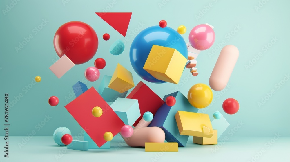 Poster colorful blocks and shapes in a whimsical arrangement 3d style isolated flying objects memphis style