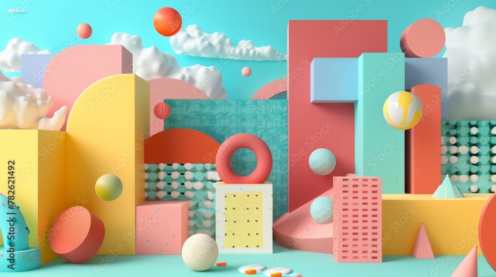 Poster Colorful blocks and shapes in a whimsical arrangement 3D style isolated flying objects memphis style 3D render   AI generated illustration