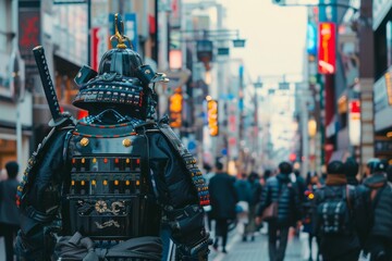 japan hi tech samurai in the street of big city centr - obrazy, fototapety, plakaty