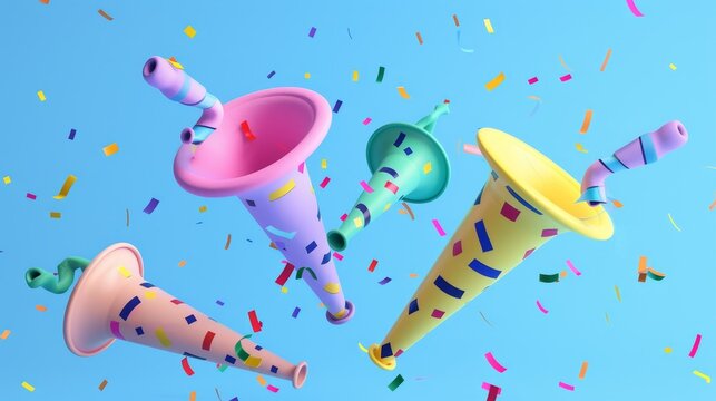 Colorful party horns in a 3D render 3D style isolated flying objects memphis style 3D render   AI generated illustration