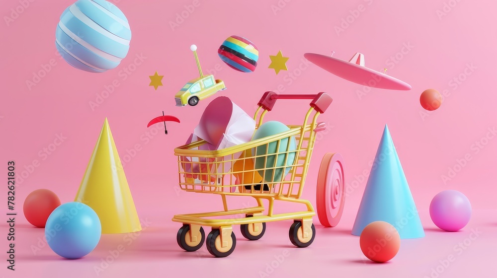 Aufkleber Commercial discount with abstract flying objects 3D style isolated flying objects memphis style 3D render   AI generated illustration
