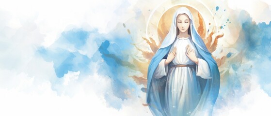 a watercolor cute image with Our Lady of the Assumption ia a white background - obrazy, fototapety, plakaty