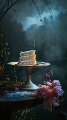 Fototapeta na wymiar Create a surreal ambiance for a levitating slice of cake with moody lighting AI generated illustration