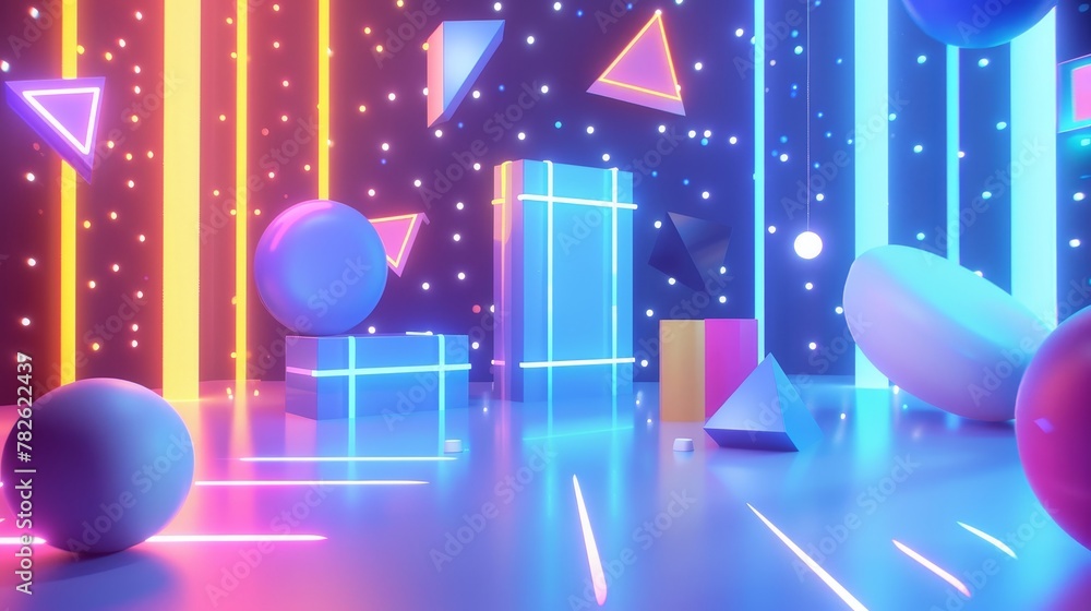 Poster d shapes morphing in a neon-infused environment 3d style isolated flying objects memphis style 3d re