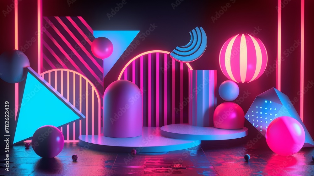 Poster d shapes morphing in a neon-infused environment 3d style isolated flying objects memphis style 3d re