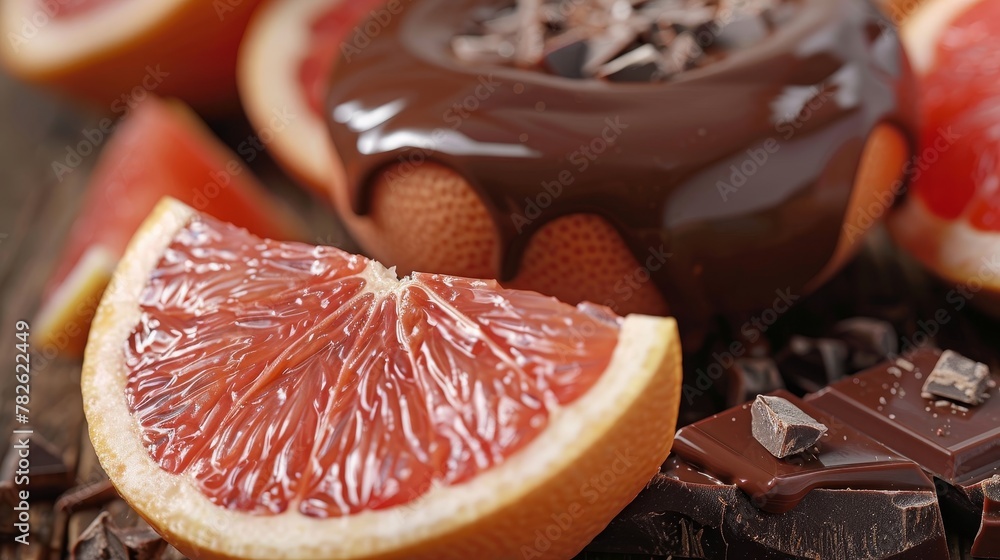 Poster decadent chocolate flowing over a split grapefruit ai generated illustration
