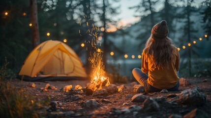 Solo Camping Adventure in a Lush Forest. Solo Forest Camping for Spring/Summer/Autumn. Nature concept. Camping concept. Rest concept.