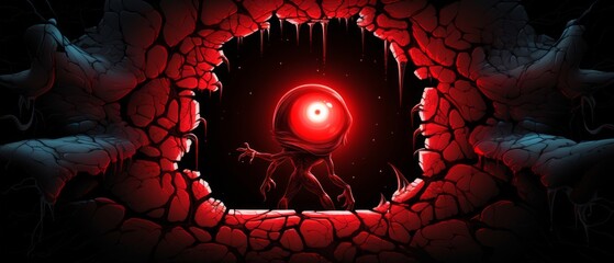 alien monster crawling out of a red swirling energy portal, lightning, glow, electricity, stone border - obrazy, fototapety, plakaty