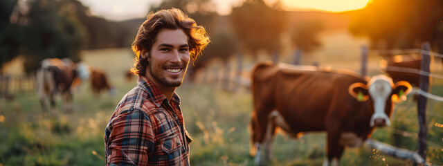Farmer standing in field with cattle on background. Happy smiling young man with cow herd on dairy farm. Live stock for dairy and beef production. Agriculture industry and farming concept - Powered by Adobe