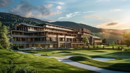 an architectural visualisation of a golf resort main hotel building, luxurious, modern, green mountains in background - obrazy, fototapety, plakaty