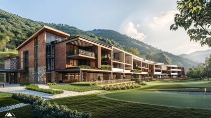 Obraz premium an architectural visualisation of a golf resort main hotel building, luxurious, modern, green mountains in background