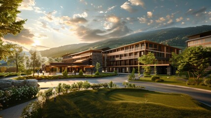 an architectural visualisation of a golf resort main hotel building, luxurious, modern, green mountains in background