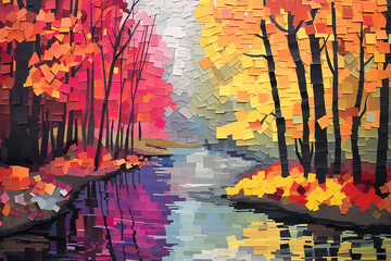 Fall forest picture with river made with post-it note sheets