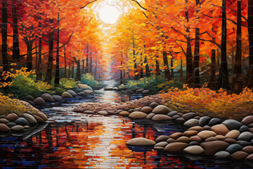 Colorful Fall forest picture with river made with stone mosaic - obrazy, fototapety, plakaty
